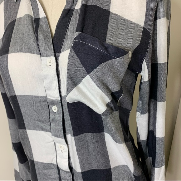 𝅺Pentagone Plaid Shirt Sz XS Black White Long Sleeve Button up Checkered Top - Picture 11 of 11